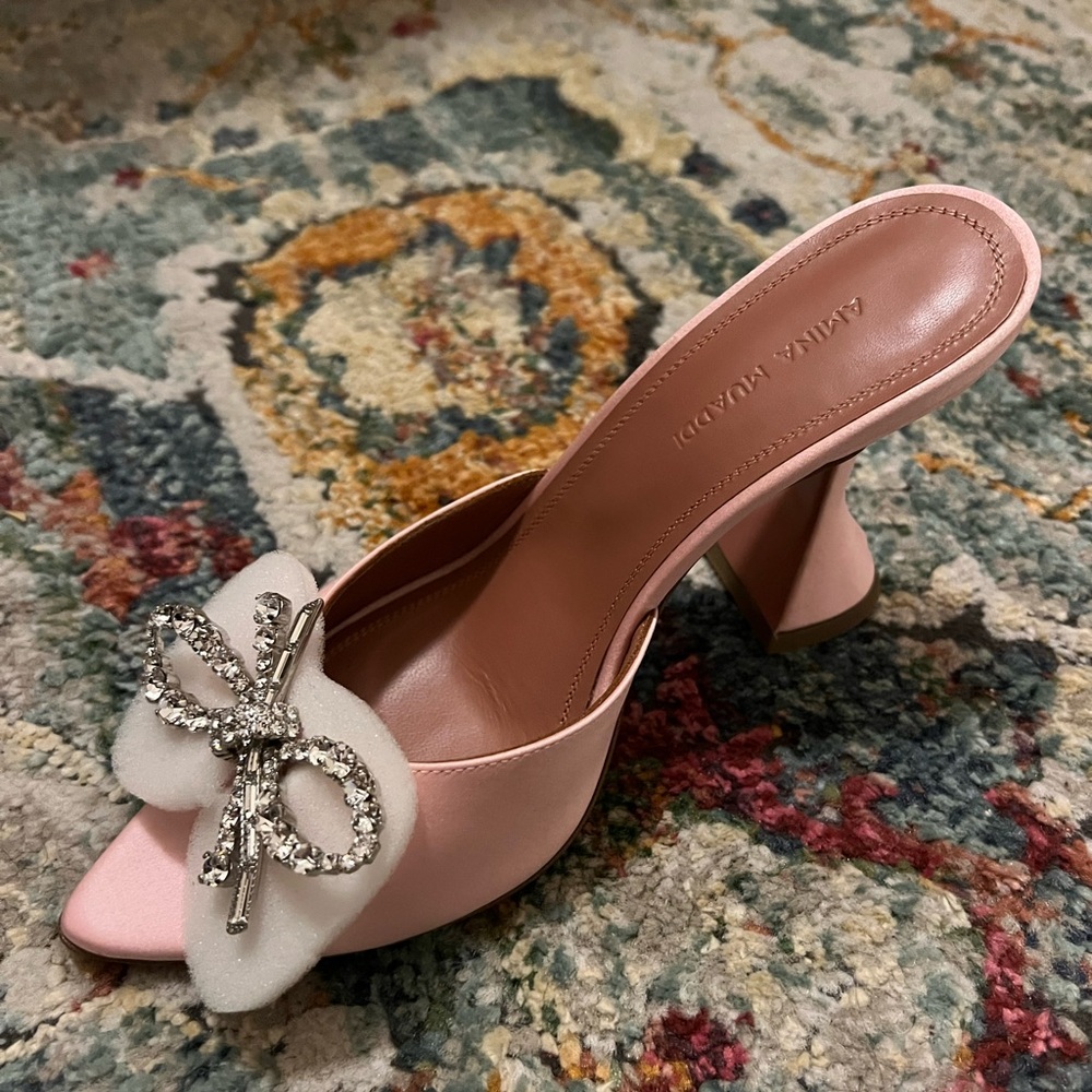 Amina Muaddi Pink Satin Crystal Bow Mules - Picture 7 of 11